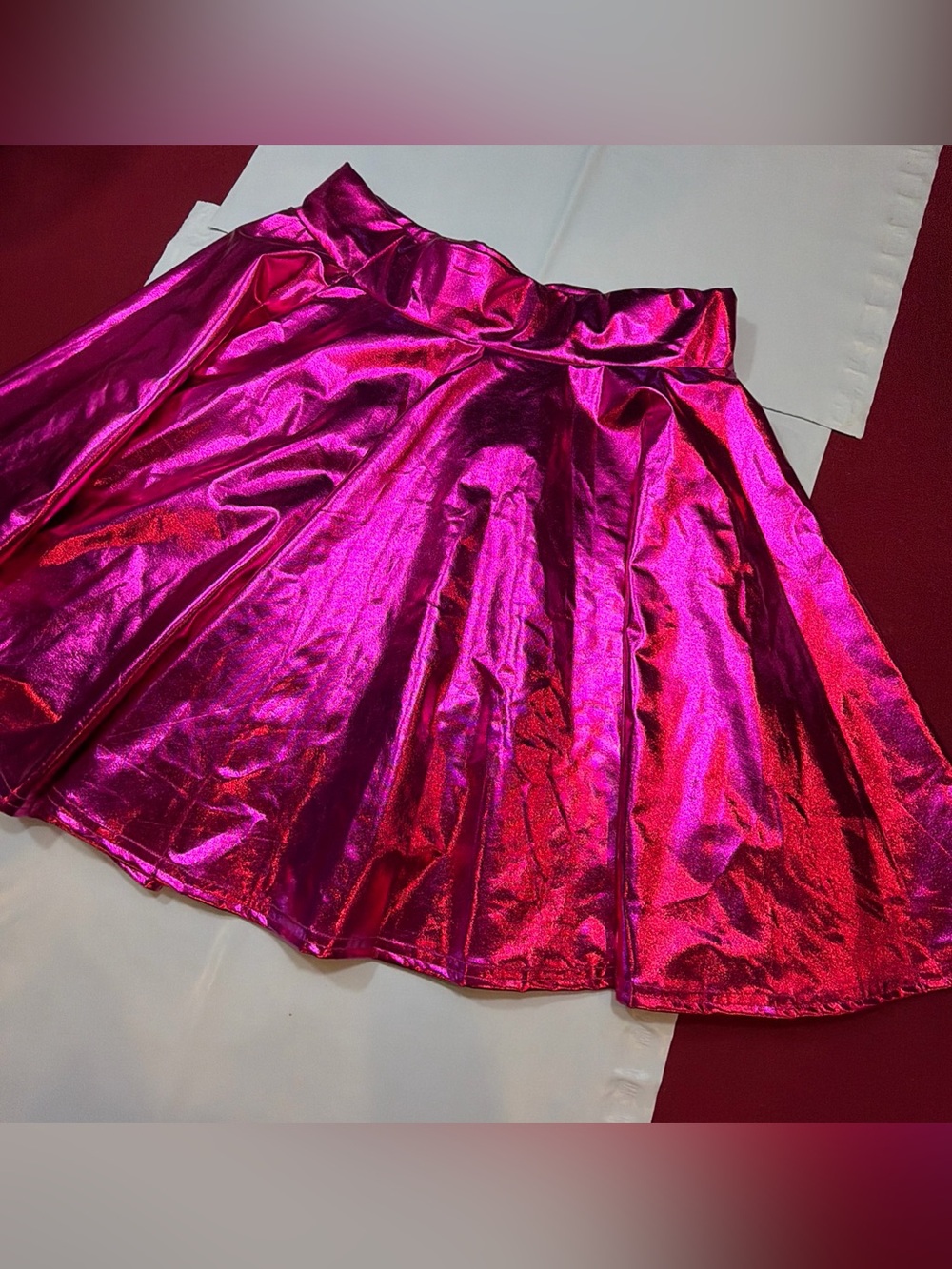 Hot PINK Shiny Metallic GOGO Skater Flared mini SKIRT Barbie Glam Large Women’s